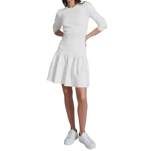 Reiss Charlotte Flippy Knitted Ruffle Hem Fit & Flare Mini Sweater Dress White L - Picture 1 of 15